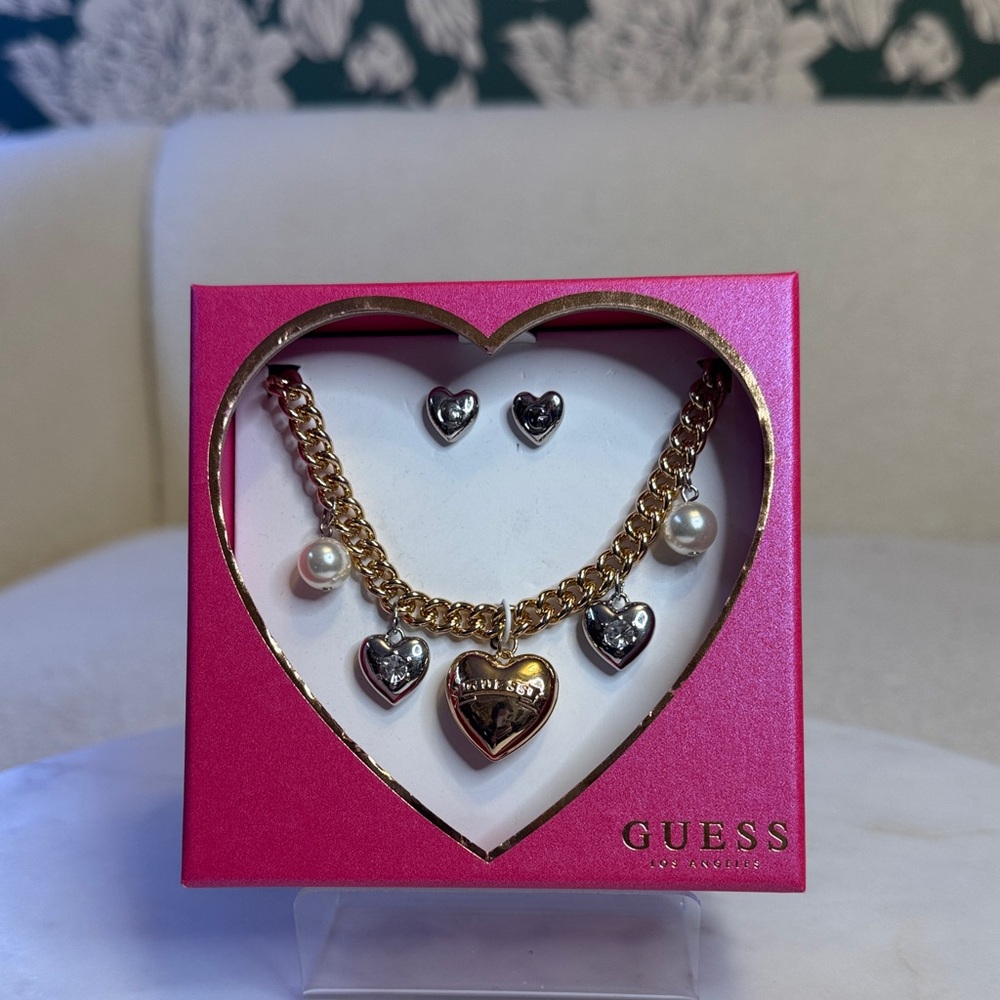 GUESS Gold and Silver Heart Necklace & Earring Set